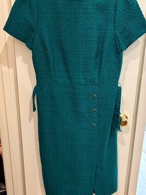 Ann Taylor Teal Short-Sleeve Midi Sheath Dress with Side Buttons